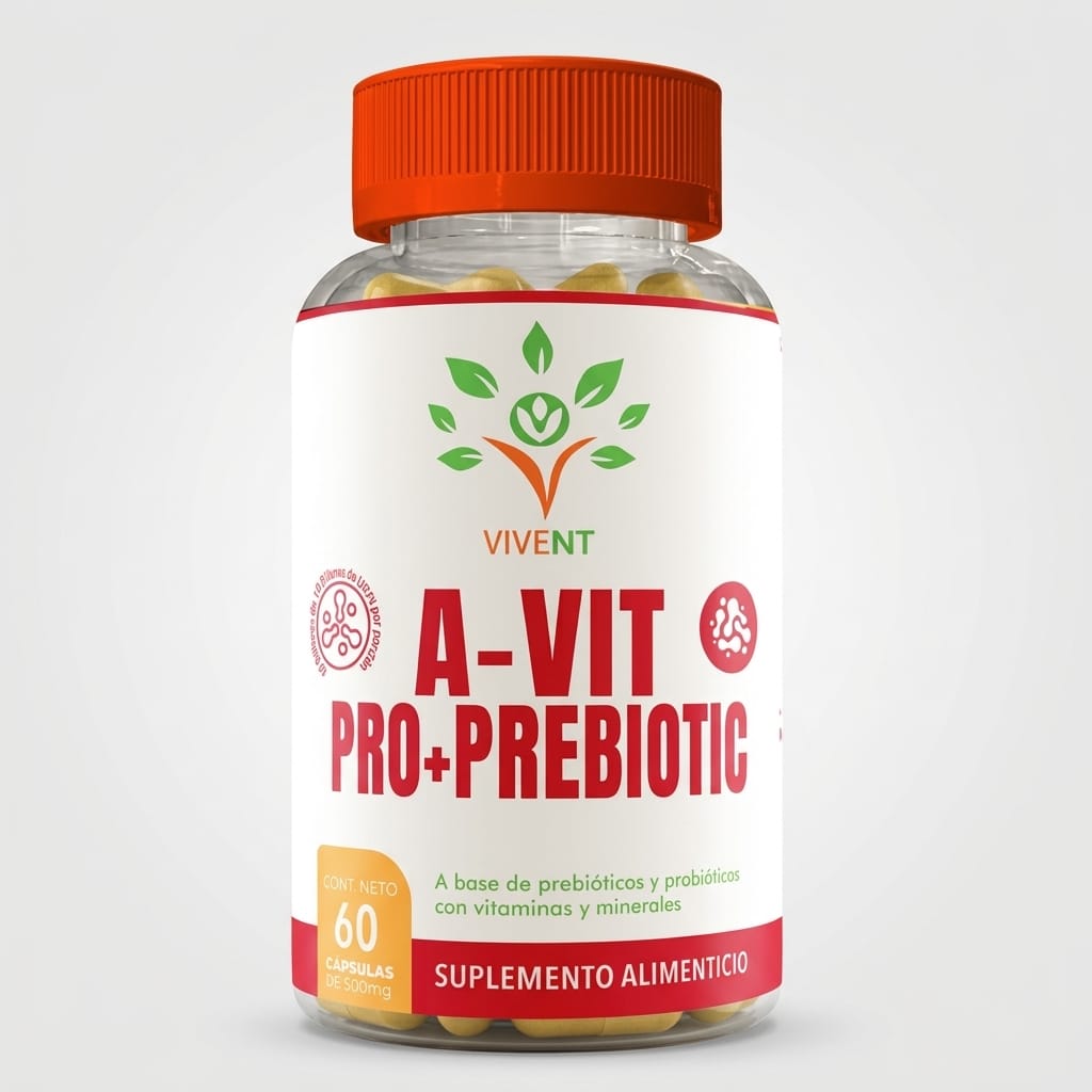 Frasco de suplemento alimenticio A-VIT Pro+Prebiotic de Vivent con 60 cápsulas para la salud intestinal.
