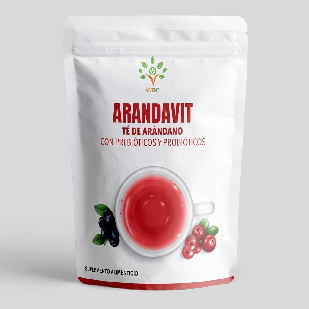 Empaque de Arandavit Té de Arándano con prebióticos y probióticos de Vivent para bienestar digestivo.