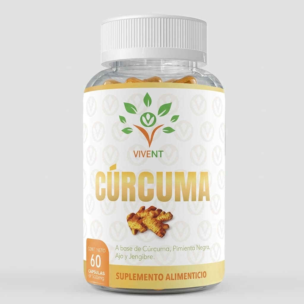 Frasco de cápsulas de Cúrcuma de Vivent para la inflamación articular.