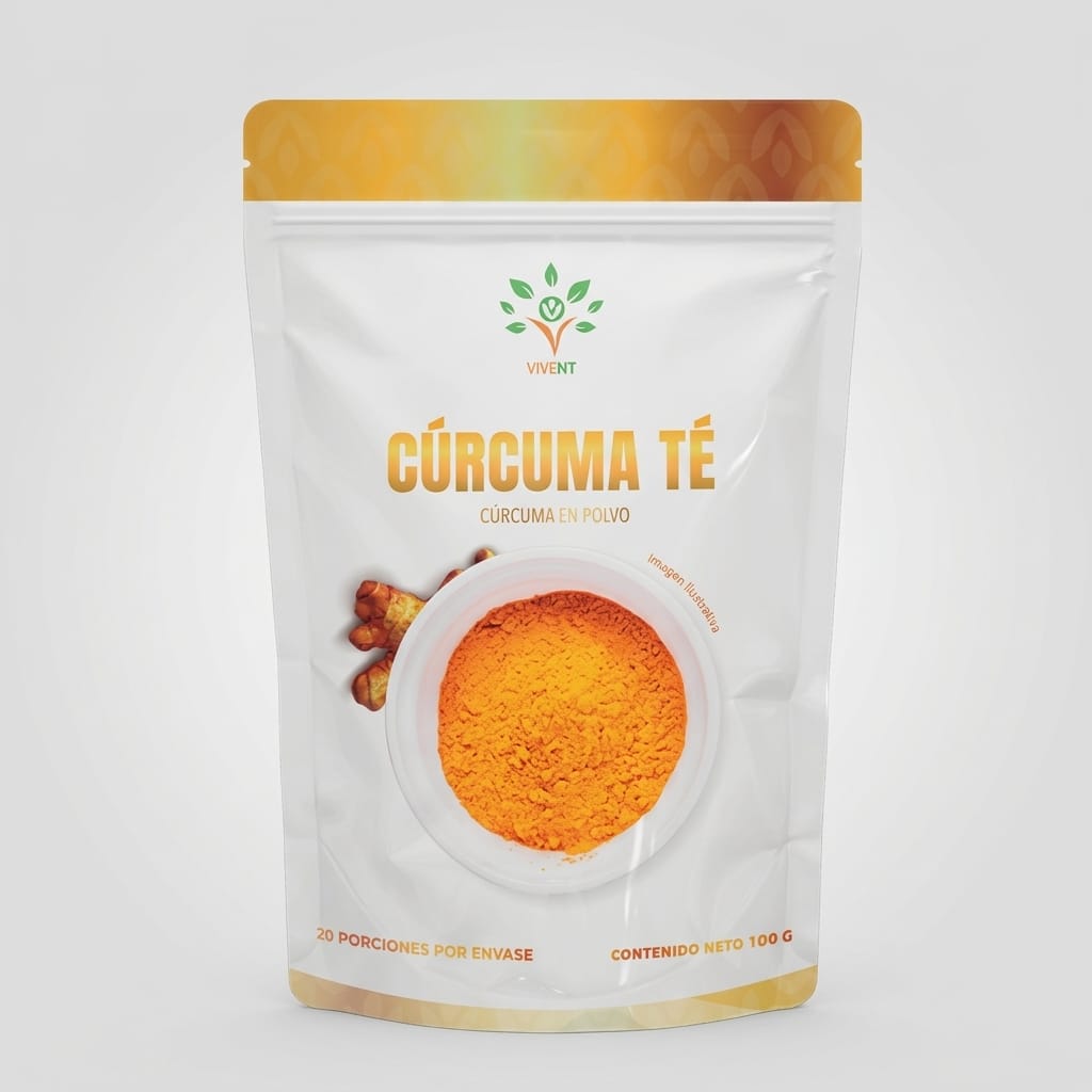 Empaque de Cúrcuma Té en polvo de Vivent para infusión soluble.