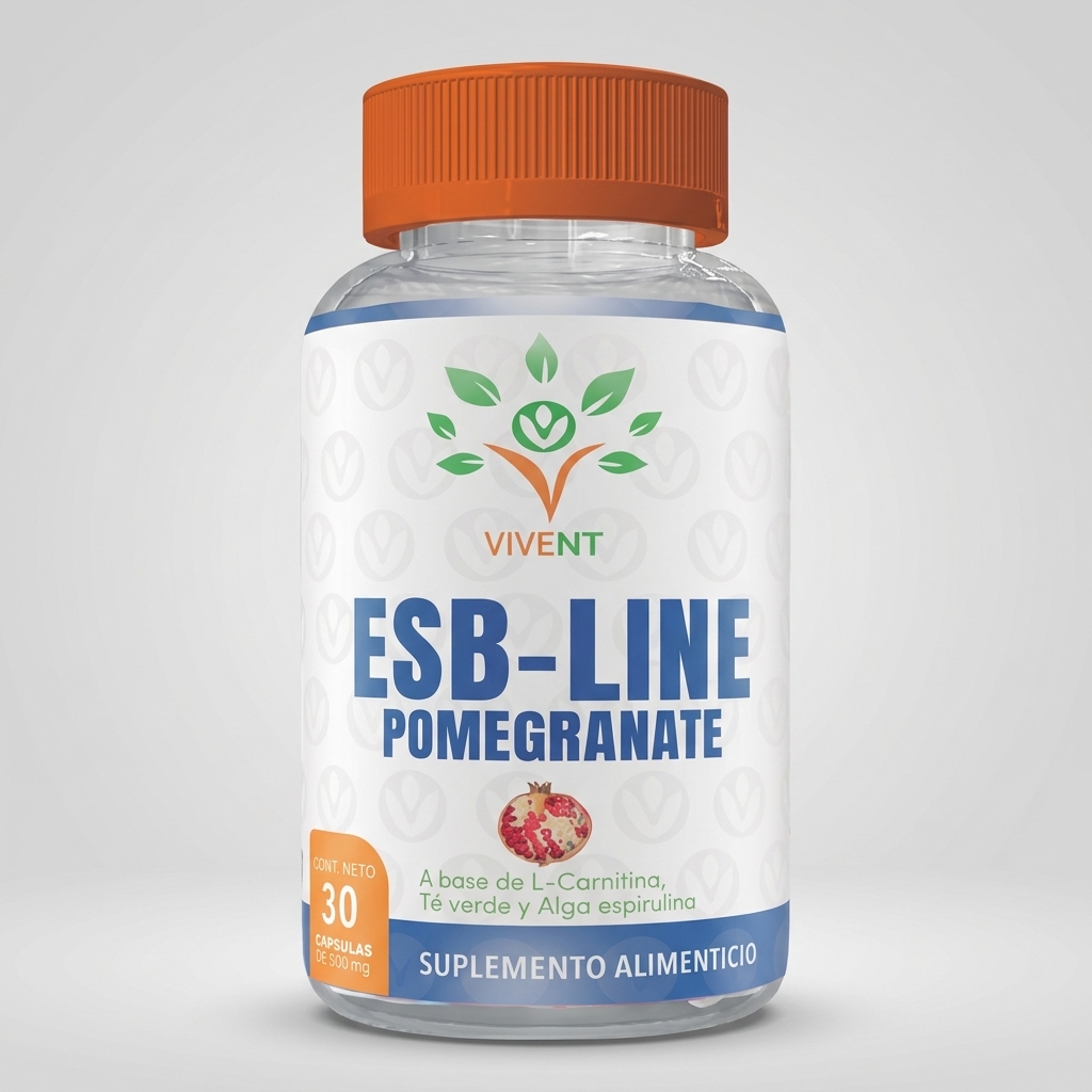 Frasco de ESB-Line Pomegranate de Vivent con 30 cápsulas para el control del apetito y peso.