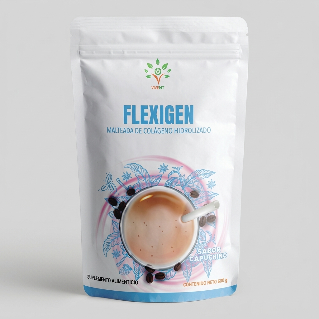 Empaque de Flexigen Malteada de Colágeno Hidrolizado de Vivent de 600 g sabor capuchino.