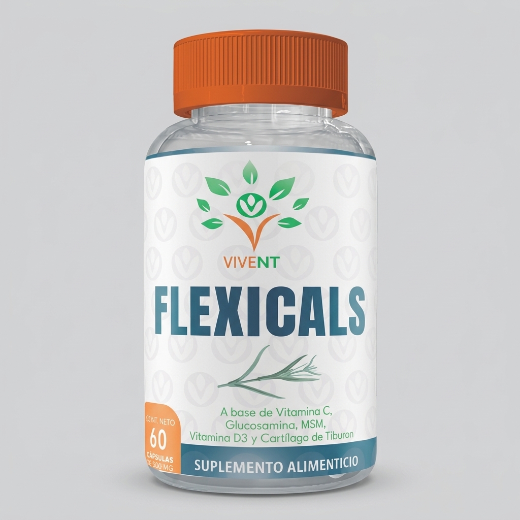 Frasco de cápsulas Flexicals de Vivent con 60 piezas para el dolor articular y la artritis.