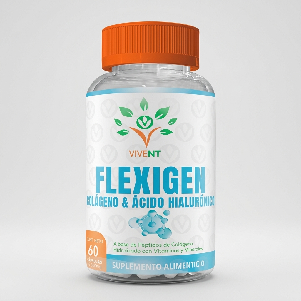 Frasco de cápsulas Flexigen de Vivent con colágeno y ácido hialurónico para la piel y cabello.