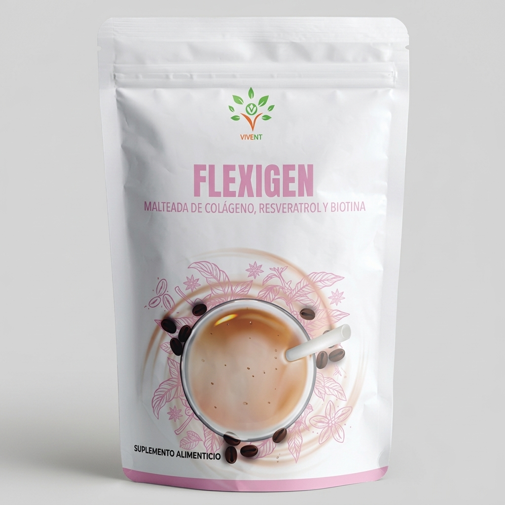 Empaque rosa de Flexigen Malteada de Colágeno Resveratrol y Biotina de Vivent de 600 g.