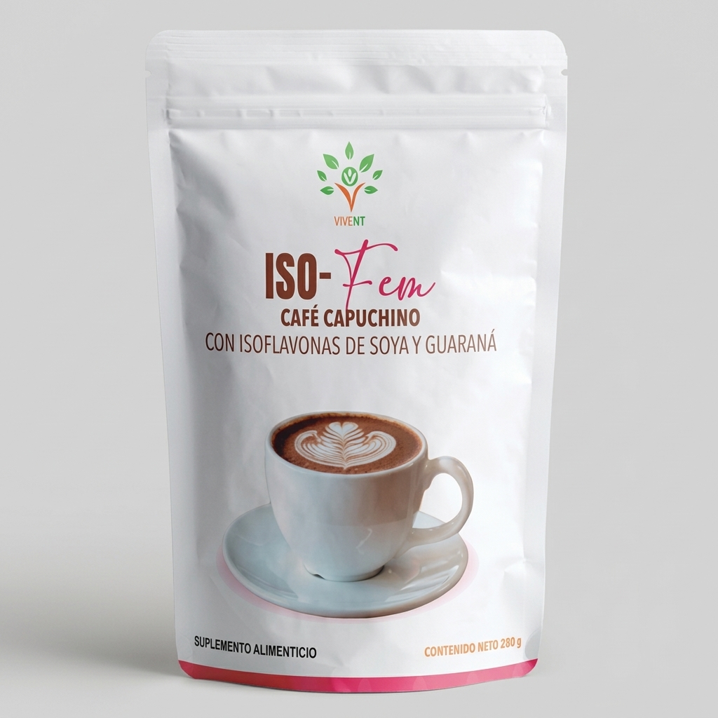Empaque de Iso-Fem Café Capuchino de Vivent de 280 g para el balance hormonal femenino.