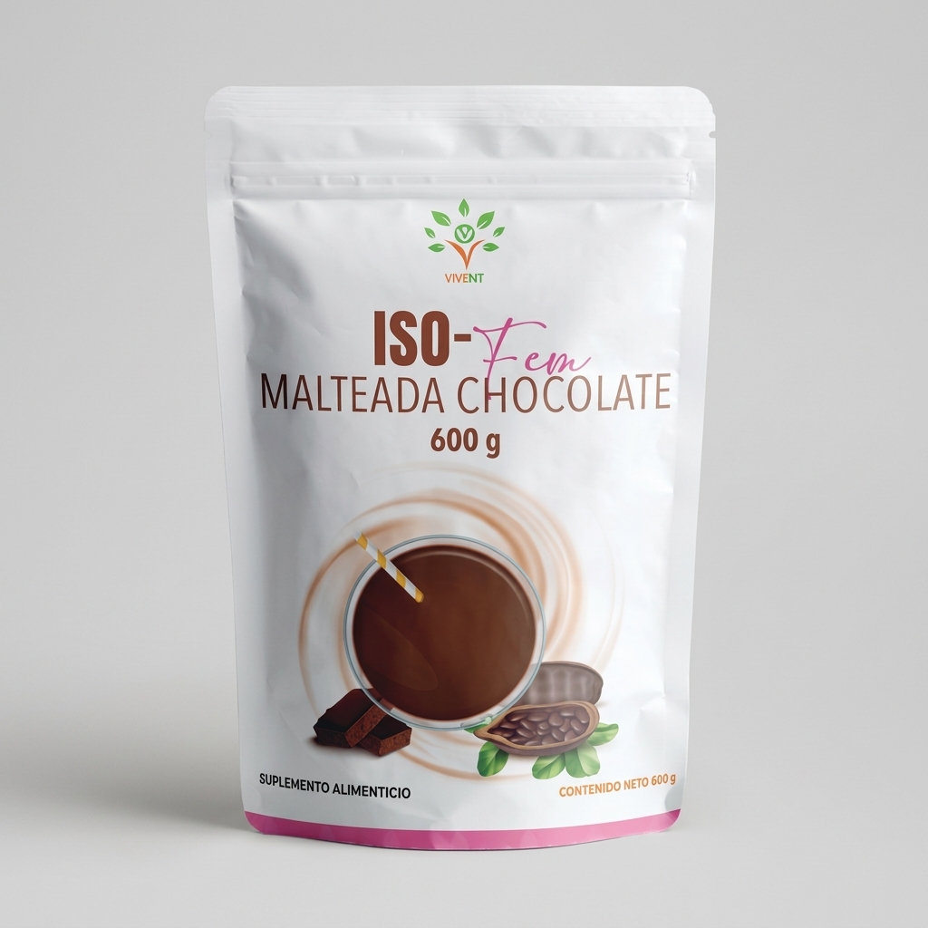 Empaque de Iso-Fem Malteada Chocolate de Vivent de 600 g para el equilibrio hormonal femenino.