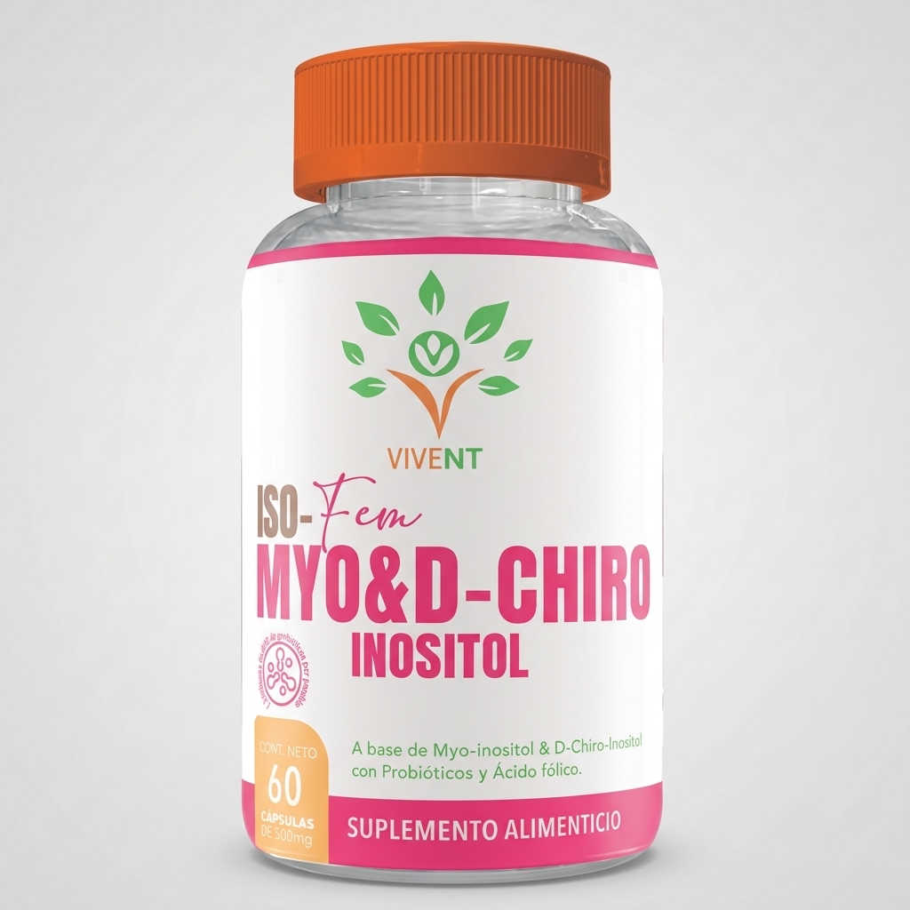 Frasco de Iso-Fem Myo y D-Chiro Inositol de Vivent con 60 cápsulas para el equilibrio hormonal femenino.