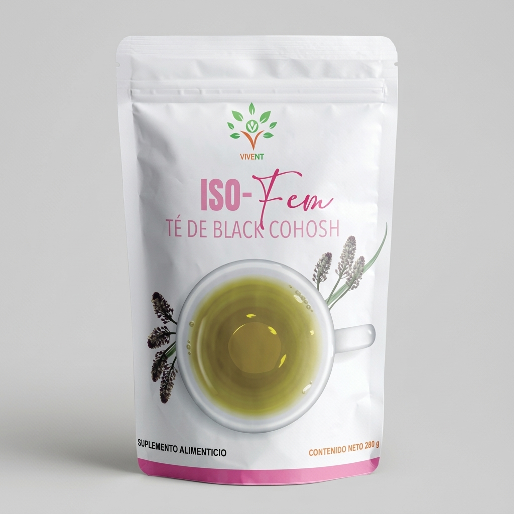 Empaque de Iso-Fem Té de Black Cohosh de Vivent de 280 g para el alivio de la menopausia.