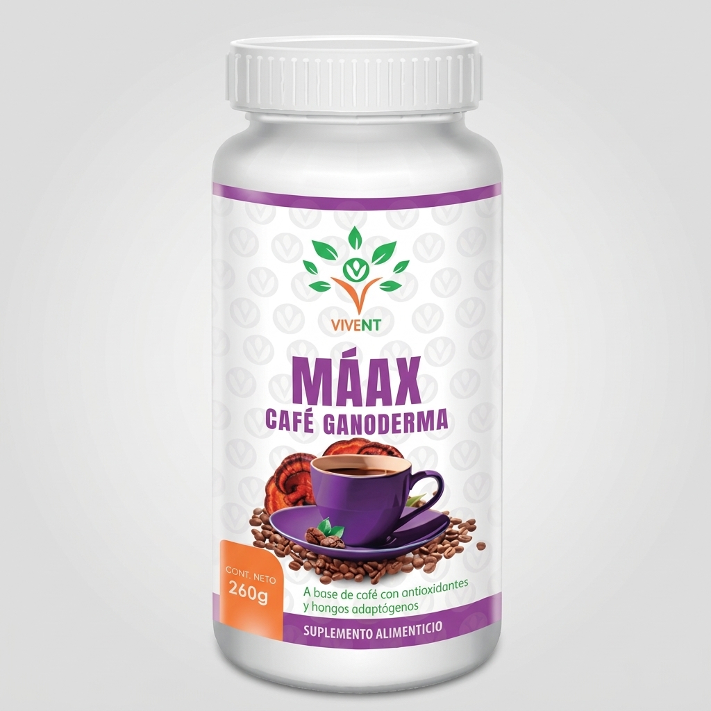 Envase de Máax Café Ganoderma de Vivent de 260 g con hongos adaptógenos.