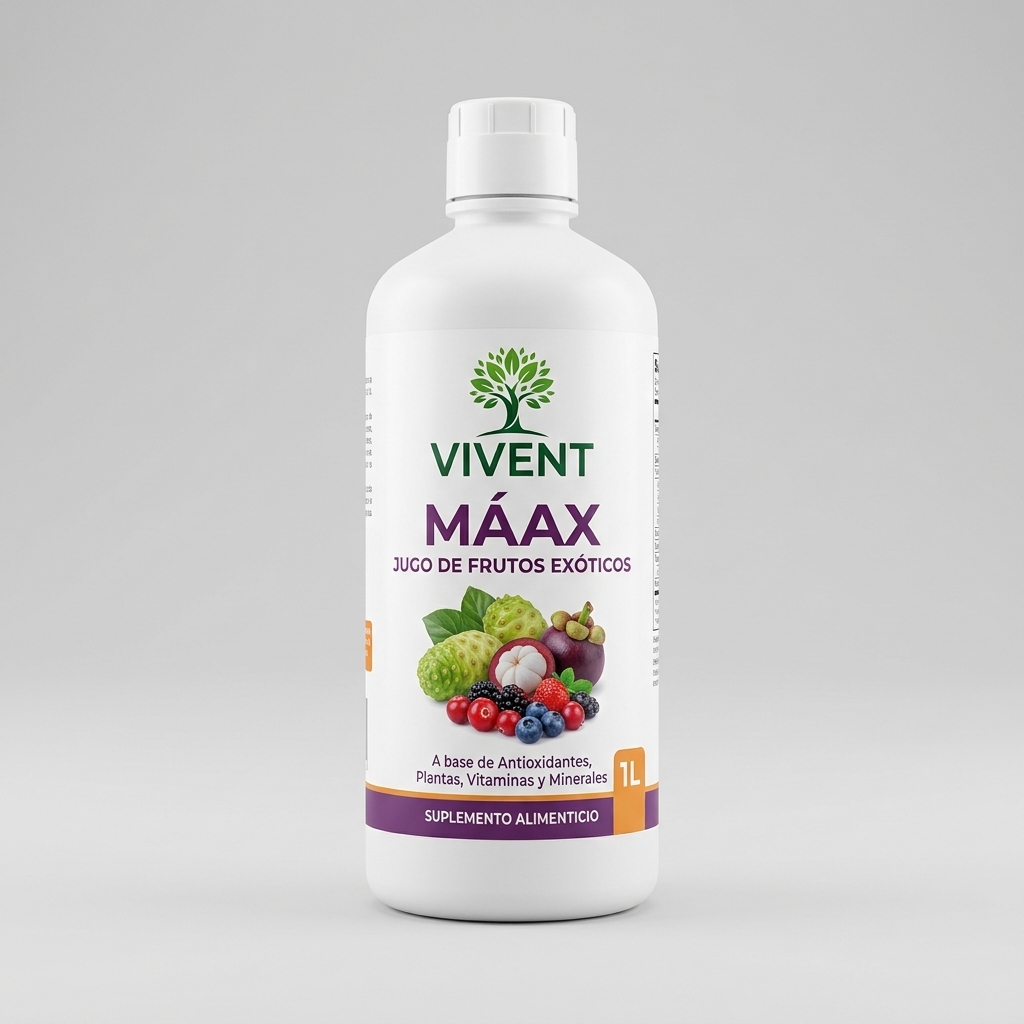 Botella de Máax Jugo de Frutos Exóticos de Vivent de 1 Litro para la fatiga y energía.