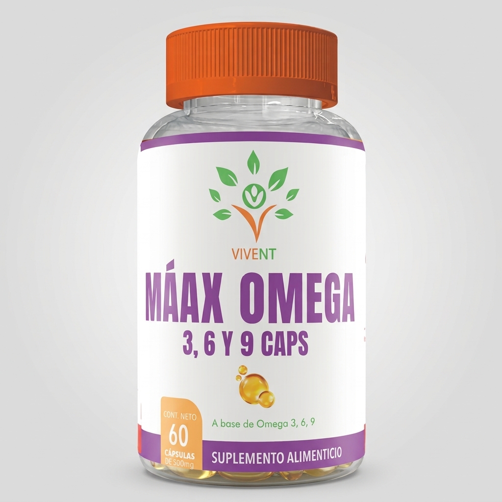 Frasco de cápsulas Máax Omega 3, 6 y 9 de Vivent para la salud cardiovascular y cerebral.