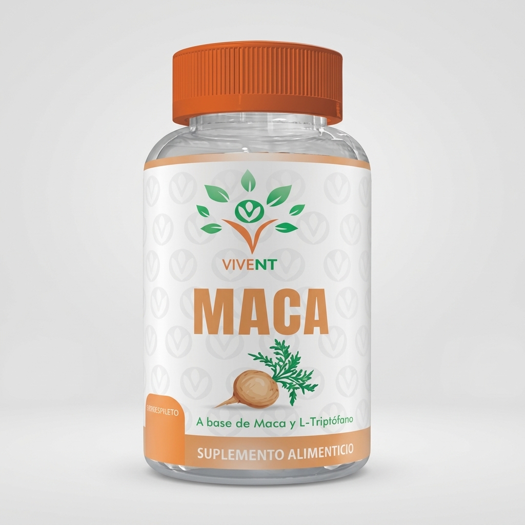 Frasco de cápsulas de Maca con L-Triptófano de Vivent para la energía y el estado de ánimo.