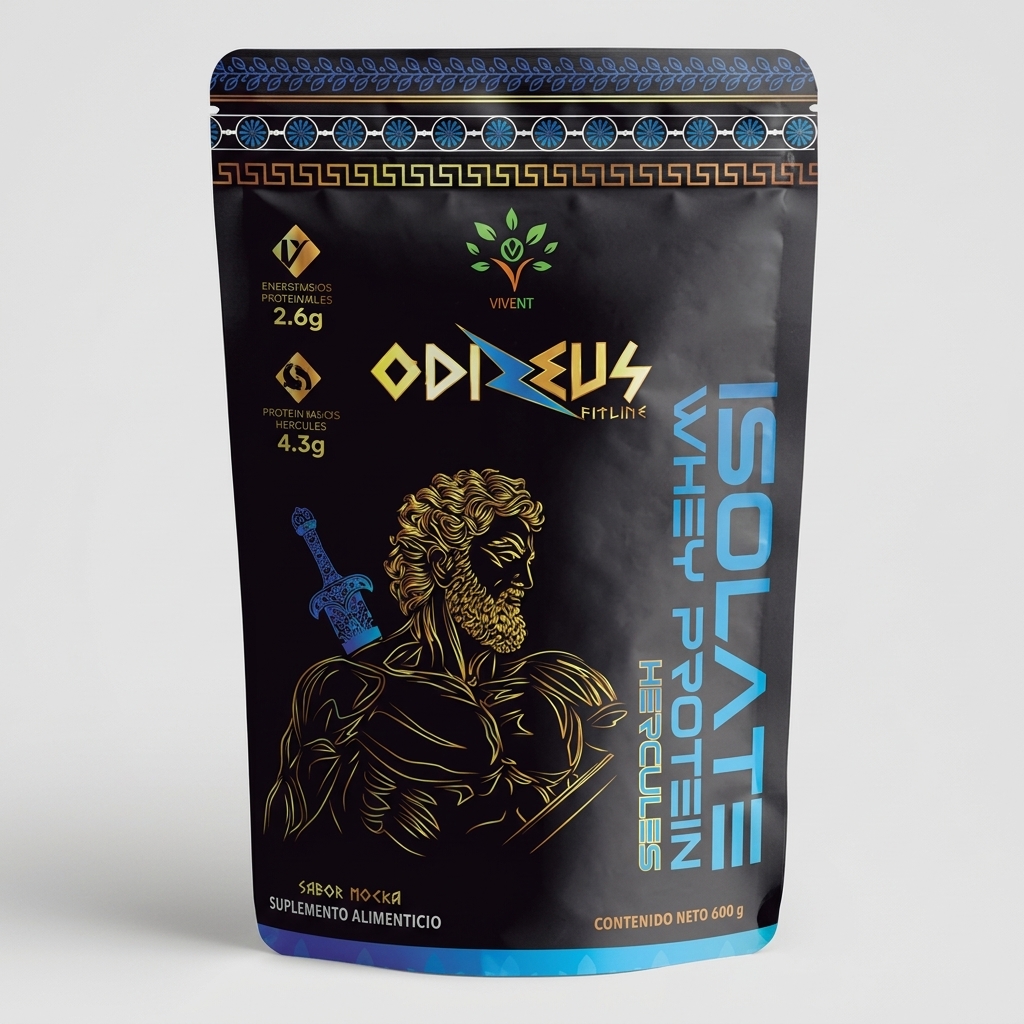Empaque de Isolate Whey Protein Hércules de Vivent de 600 g para masa muscular.