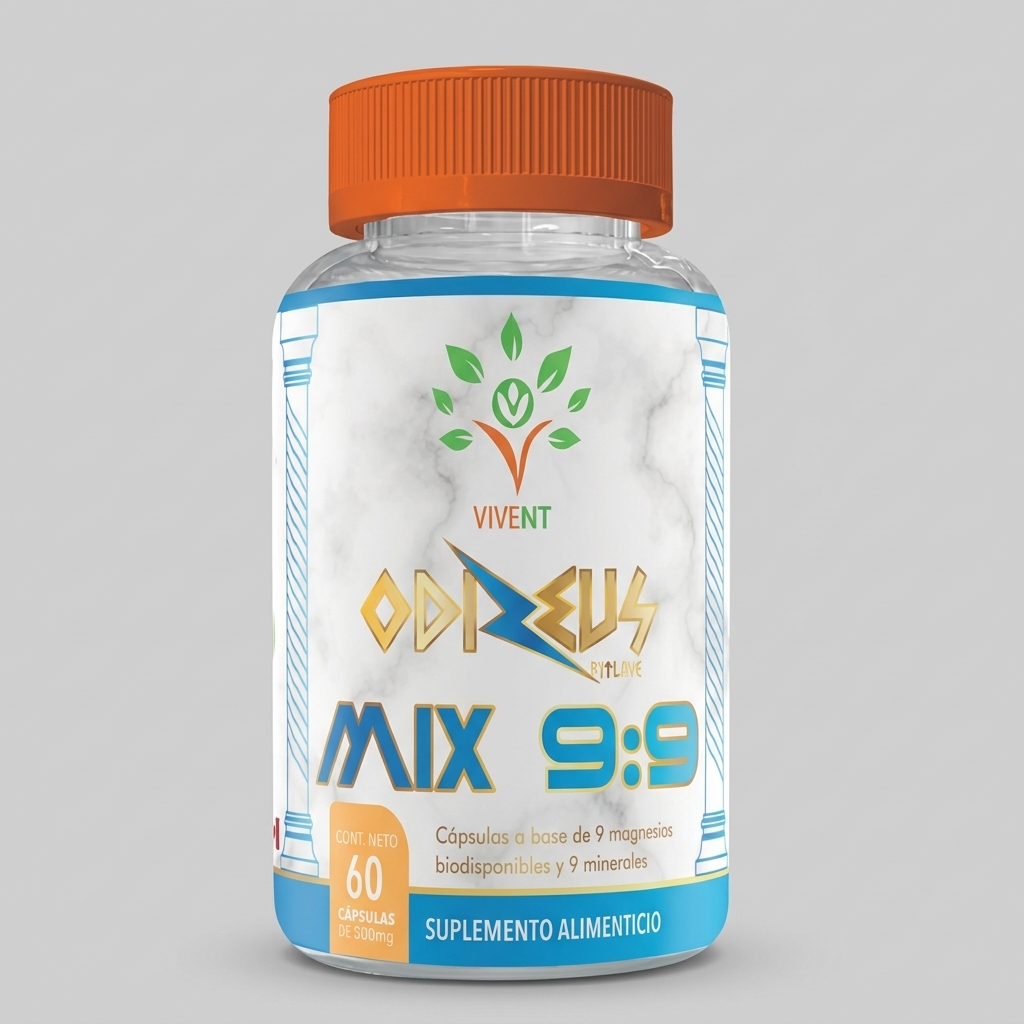 Frasco de cápsulas Mix 9:9 de Vivent con 9 magnesios y minerales para equilibrio muscular.