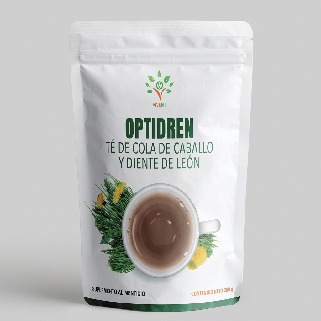 Empaque de Optidren Té de Cola de Caballo y Diente de León de Vivent de 280 g para retención de líquidos.