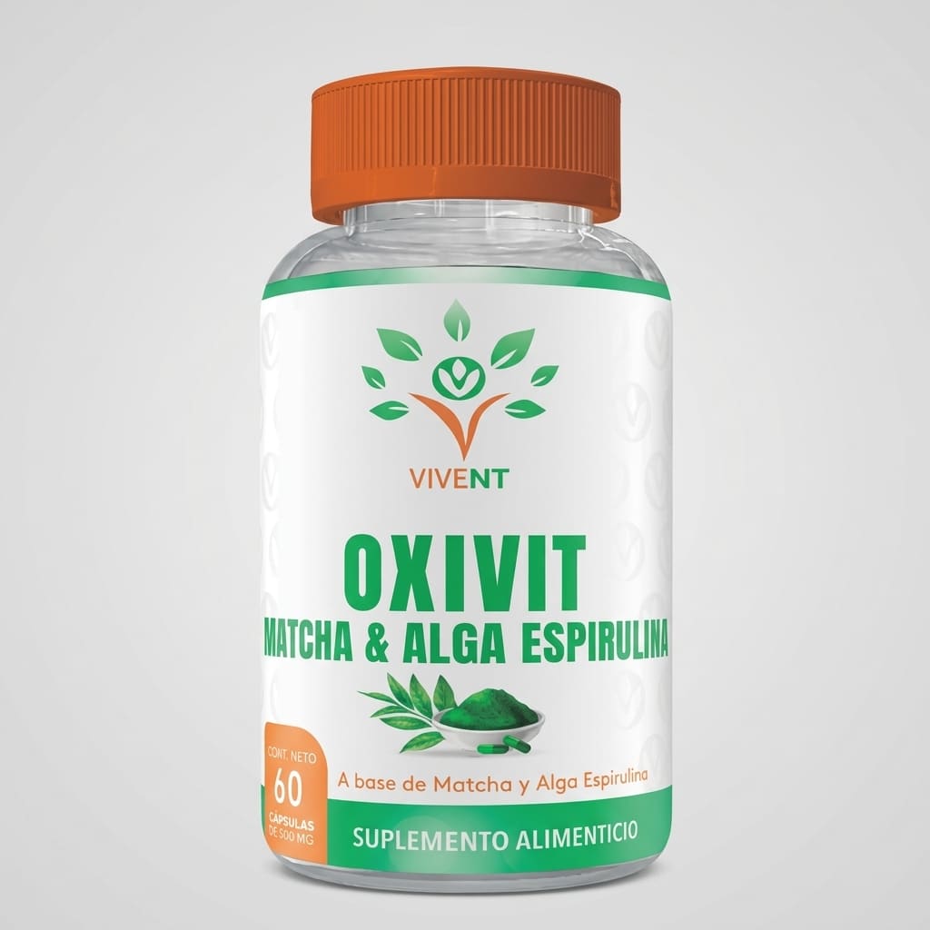 Frasco de cápsulas Oxivit Matcha y Alga Espirulina de Vivent para desintoxicación y energía celular.