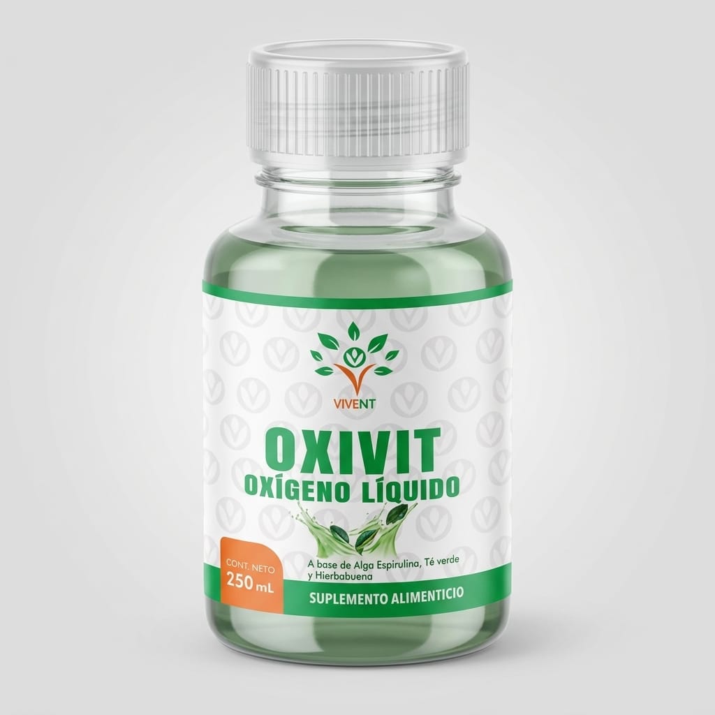 Envase de Oxivit Oxígeno Líquido de Vivent de 250 mL para la oxigenación celular.