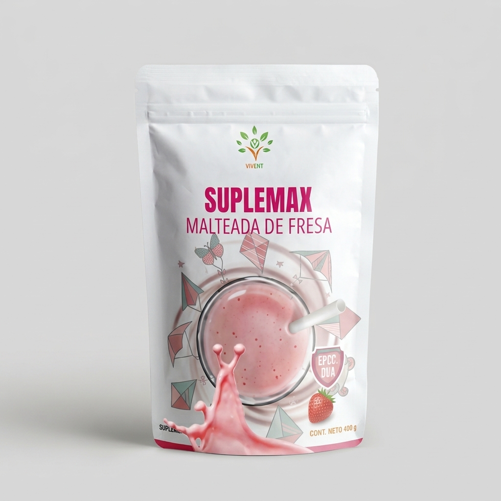 Empaques de Suplemax Malteada de Fresa y Chocolate de Vivent de 600 g para niños.