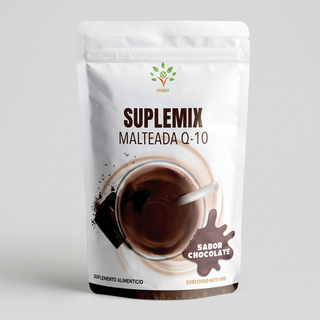Empaque de Suplemix Malteada Q-10 de Vivent de 600 g sabor chocolate.