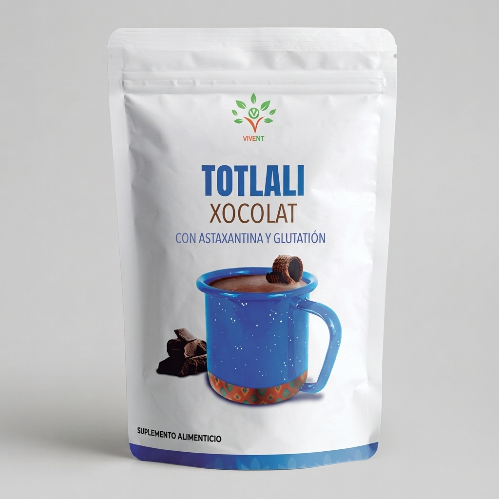 Empaque de Totlali Xocolat con Astaxantina y Glutatión de Vivent de 600 g para recuperación muscular.