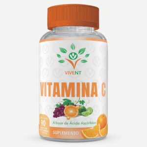 Frasco de Vitamina C masticable de Vivent con 90 tabletas sabor naranja, limón y uva.