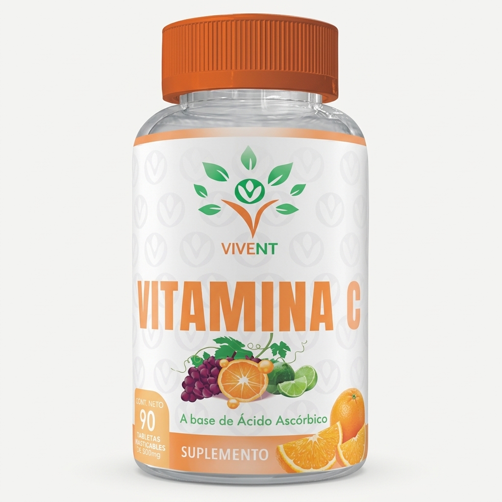 Frasco de Vitamina C masticable de Vivent con 90 tabletas sabor naranja, limón y uva.