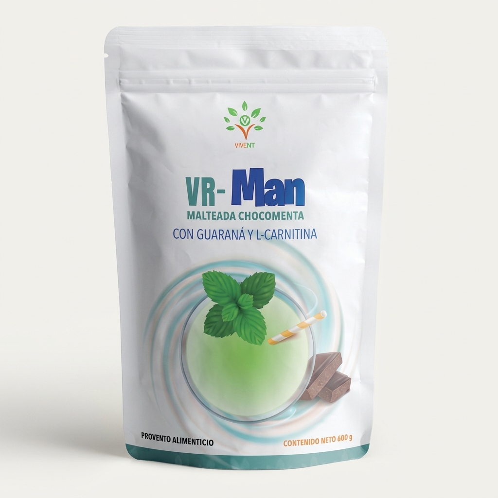 Empaque de VR-Man Malteada Chocomenta de Vivent de 600 g para rendimiento mental y físico.